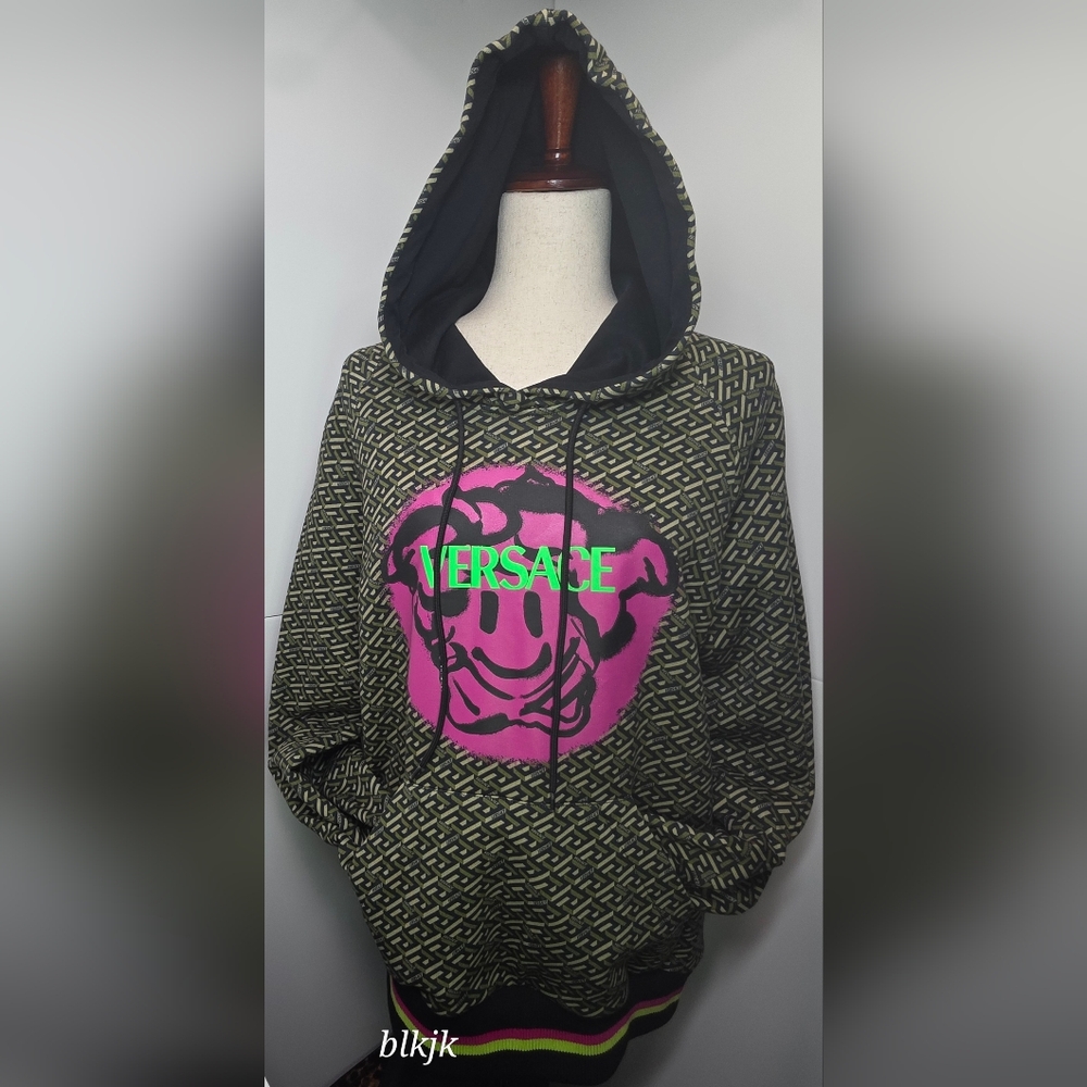 Versace Women's Graffiti Medusa Smiley Face Greca Hoodie *Black/Military* EUC